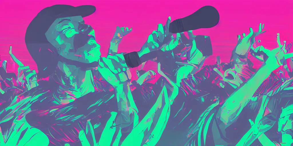 Image similar to rapping into microphone, silhouette, huge crowd, outrun, vaporwave, hip hop, simple shapes, trending on Artstation, professional artist, detailed, 4k