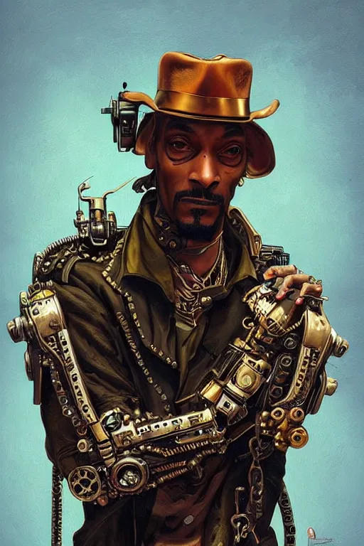 Image similar to snoop dog as a steampunk cyborg gunslinger, portrait, cyber western, neon, duster, fantasy, intricate, elegant, highly detailed, digital painting, artstation, concept art, sharp focus, illustration, art by artgerm and greg rutkowski and alphonse mucha