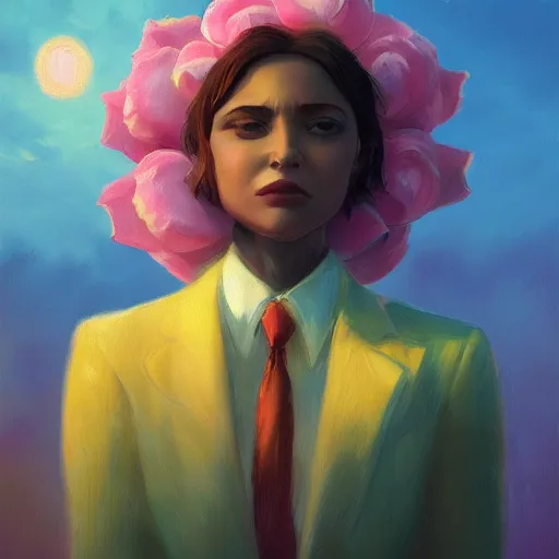 Prompt: closeup, huge rose flower face, frontal, a girl in a suit, surreal photography, sunrise, dramatic light, impressionist painting, digital painting, artstation, simon stalenhag