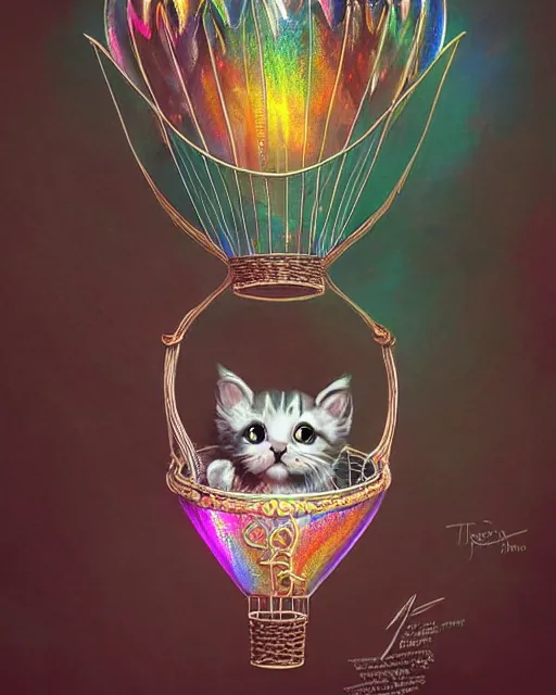 Image similar to cute kitten inside an ornate flying balloon basket of iridescent liquid, alchemy, shiny plastic, intricate, bloom, detailed, volumetric lighting, sharp focus, photorealism, digital painting, highly detailed, concept art, by by artgerm and wlop