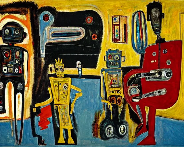 Image similar to a painting of a robot family in a living room by graham sutherland, egon schiele, basquiat, neo - expressionism