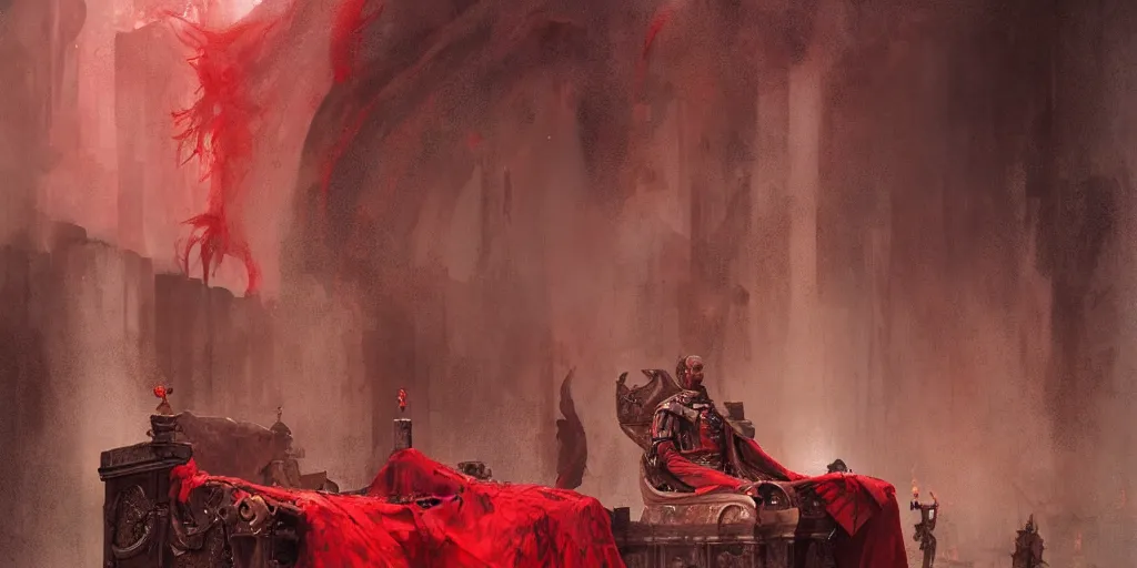 Image similar to the end is near. a tired julius caesar is sitting on his throne. face is highly detailed. splices of red are running down his toga. mist. color scheme red. low angle medium shot. imagined by greg rutkowski and andreas rocha