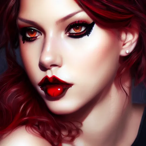 Image similar to a realistic illustration portrait of a beautiful liz katz with curly black and red hair, black eyeliner, trending on artstation, hyper - realistic lighting, intricate, ross tran