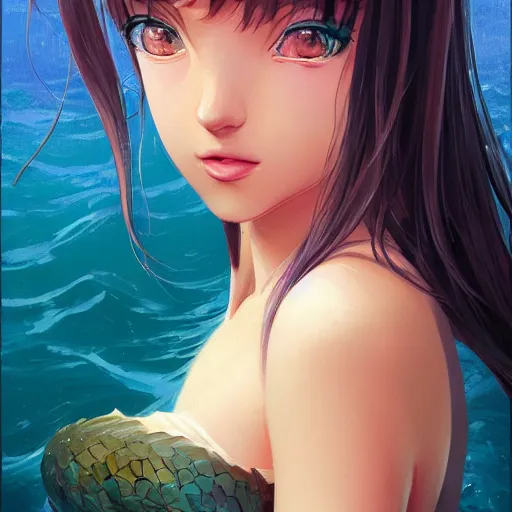 Image similar to A potrait of a mermaid with big and cute eyes, fine-face, realistic shaded perfect face, fine details. Night setting. Very anime style. Realistic shaded lighting poster by Ilya Kuvshinov katsuhiro, magali villeneuve, artgerm, Jeremy Lipkin and Michael Garmash, Rob Rey and Kentarõ Miura style, trending on art station