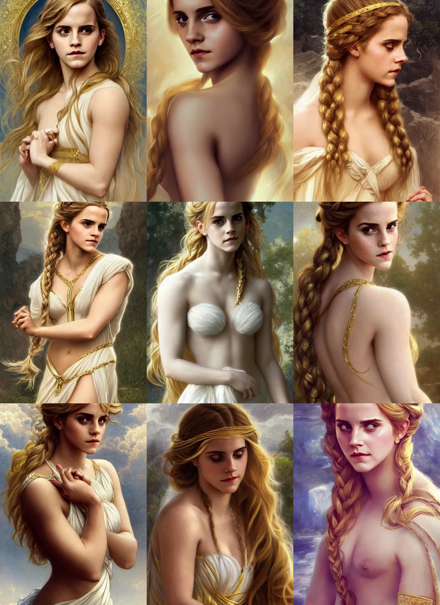 Prompt: emma watson as blond aphrodite, portrait, long blond braided hair, white and gold dress, intricate, highly detailed, artstation, concept art, sharp focus, illustration, bouguereau, rutkowski, mucha