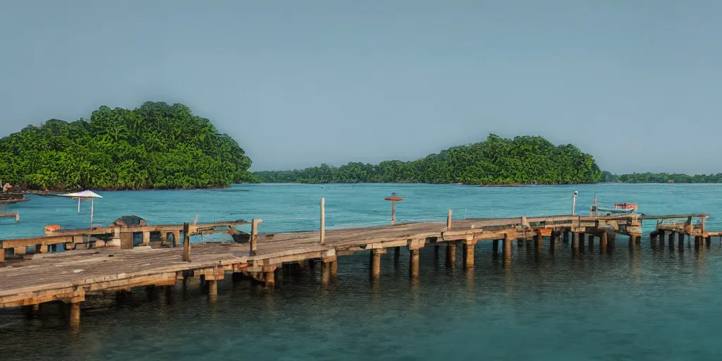 Prompt: jetty at pulau indah village, boat in foreground, early morning, detailed matte painting, low angle view, telephoto lens, bokeh, studio ghibli, artstation