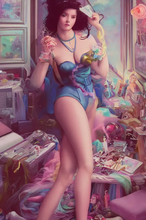 Image similar to emma watsson portrait of a vaporwave girl in a cluttered 9 0 s bedroom, by artgerm, tom bagshaw, gerald brom, vaporwave!, vaporwave colors!, 4 k, lo fi colors, lo fi, 4 k, hd,