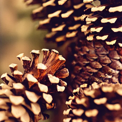 Image similar to polaroid photo of pine cone with human legs, bokeh