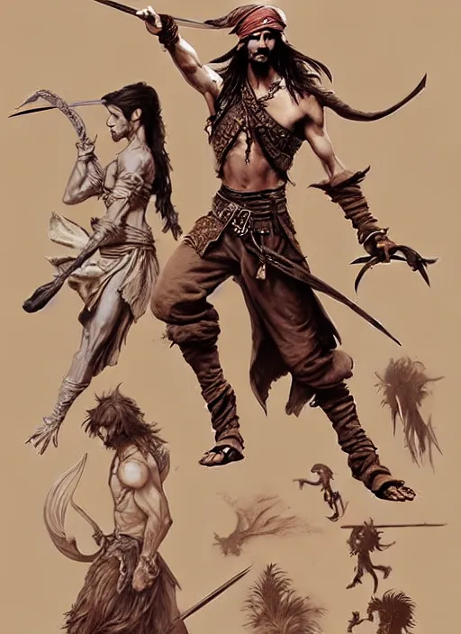 Image similar to detailed pencil spot illustrations ofcharacter concept from the prince of persia game and pirates of the caribbean movie, various poses, by burne hogarth, by bridgeman, by anthony ryder, by yoshitaka amano, by ruan jia, by conrad roset, by mucha, artstation, artstation.