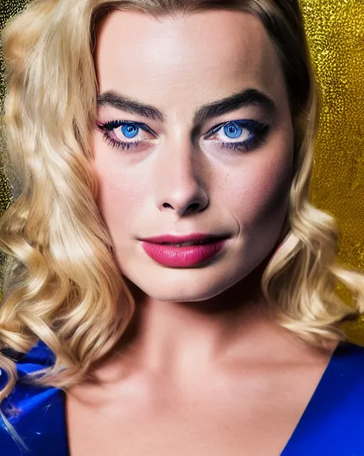 Image similar to A portrait of a margot robbie in a cosplay uniform, piercing eyes, highly detailed, bokeh, professional photograph, full body shot 4K, HD