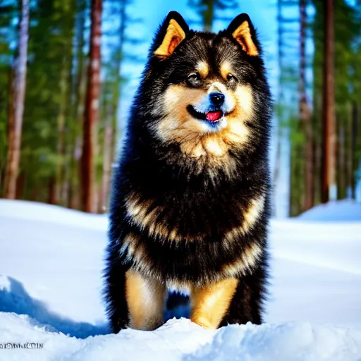 Image similar to happy finnish lapphund dog, black brown white fur, snow, trees, stream of water, pixar, disney, 4 k, animation