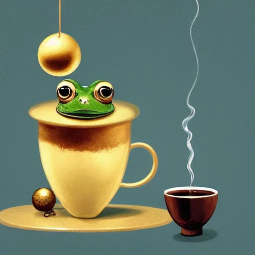 Prompt: a cute frog throws golden metal balls into a cup of coffee, by esao andrews, by m. w. kaluta, volumetric light, rich colors, very humorous oil painting, realistic reflections, smooth, concept art, depth perception, high depth of field, 4 k, unreal engine 5, ultradetailed, hyperrealistic, artstation