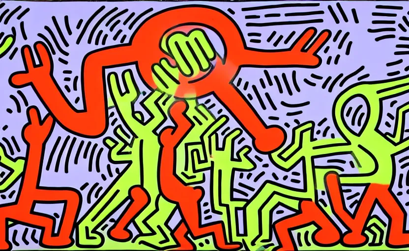 Image similar to highly detailed landscape painting by keith haring, 4k