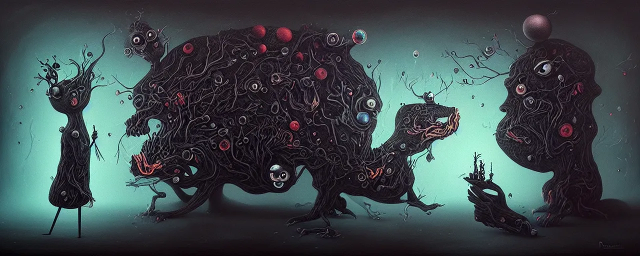 Image similar to whimsical alchemical creatures, surreal dark uncanny painting by ronny khalil