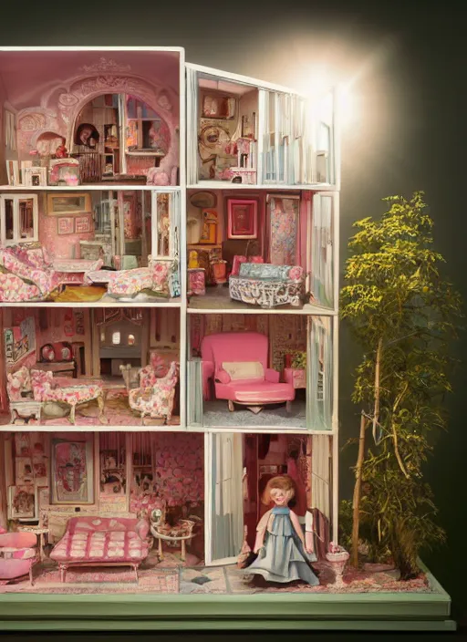 Image similar to highly detailed wide - angle portrait of a retro 1 9 6 0 s doll house, nicoletta ceccoli, mark ryden, lostfish, earl nore, hyung tae, frank frazetta, global illumination, god rays, detailed and intricate environment