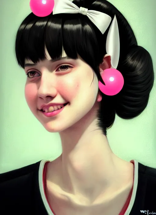 Image similar to portrait of high school girl, realistic, black hair, bangs, half updo hairstyle, pointy nose, skinny, smile, ugly, defined jawline, big chin, pink hair bow, earrings, intricate, elegant, glowing lights, highly detailed, digital painting, artstation, sharp focus, illustration, art by wlop, mars ravelo and greg rutkowski