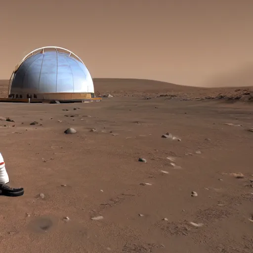 Prompt: an astronaut on Mars, bio domes in the background