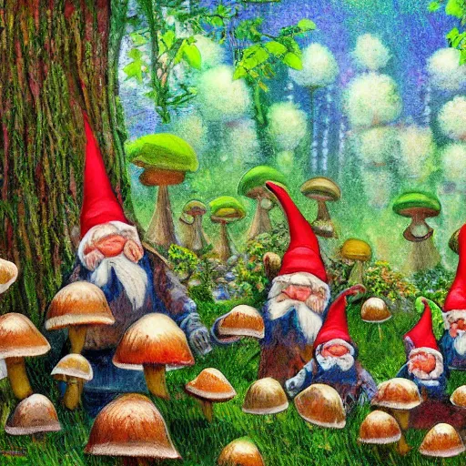 Prompt: many gnomes working in a natural forest, building mushrooms, fairytale, impressionism