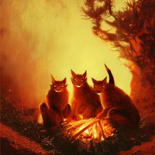 Image similar to three cute caracals wearing red ties with guitar, campfire, night, atmospheric lighting, intricate, volumetric lighting, digital art, highly detailed by gaston bussiere, craig mullins, j. c. leyendecker 8 k