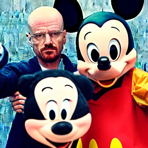 Prompt: walter white and jesse pinkman doing a selfie with mickey mouse, realistic