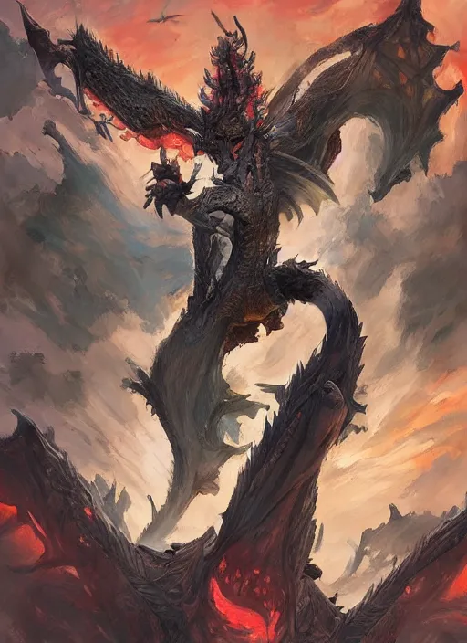 Image similar to symmetrical giant dragon head, cinematic romantic magical, greek myth, masterpiece, side profile, crazed, deep dark armor, luminescent, greek myth, wisdom, bloody red colors, by greg manchess, huang guangjian, gil elvgren, sachin teng, greg rutkowski, jesper ejsing, ilya kuvshinov