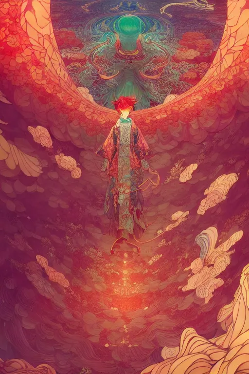 Image similar to a beautiful hyperdetailed character design 4 k wallpaper illustration of a huge reddish phoenix, victo ngai style, from china, style of studio ghibli, makoto shinkai, raphael lacoste, louis comfort tiffany, denoise, deblurring, artgerm, xision, james jean, ross tran, chinese style