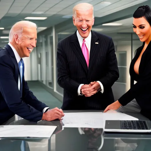 Image similar to stock photo of kim kardashian, joe biden, and bill gates wearing suits and ties laughing in an office building, 8k resolution, full HD, cinematic lighting, award winning, anatomically correct