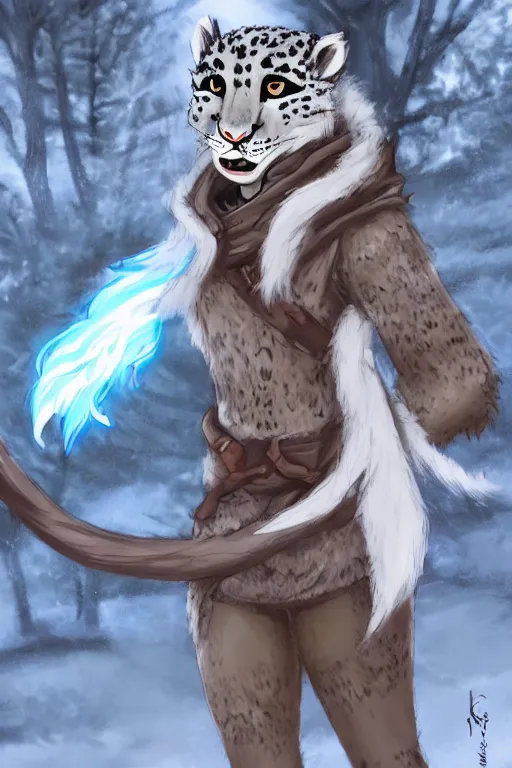 Prompt: an anthropomorphic medieval snow leopard with a fluffy tail in the forest, trending on artstation, trending on furaffinity, digital art, by kawacy, anime, furry art, warm light, backlighting