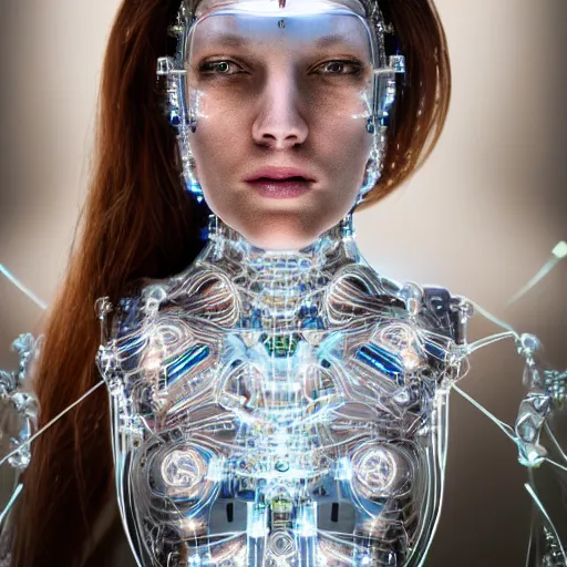 Prompt: beautiful centered Fine art photo portrait of Angelica Bella as a solarpunk robotic humanoid, crystal mechanical parts with lights, photorealistic, white background, highly detailed and intricate, outdoor lighting, HDR 8k