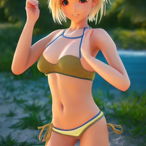 Image similar to Render of a very beautiful 3d anime girl, short blond hair, hazel eyes, cute freckles, full round face, short smile, bikini, golden hour, serene beach setting, medium shot, mid-shot, highly detailed, trending on Artstation, Unreal Engine 4k