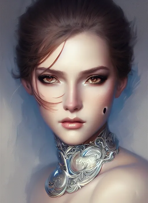 Image similar to portrait of female in wearable art, intricate details, elegant, highly detailed, digital photography, artstation, glamor pose, concept art, smooth, sharp focus, art by artgerm and greg rutkowski