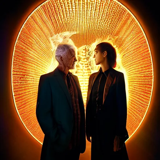 Prompt: uhd candid photo of cosmic god and the devil, glowing, global illumination, studio lighting, radiant light, hyperdetailed, correct faces, elaborate intricate details. photo by annie leibowitz