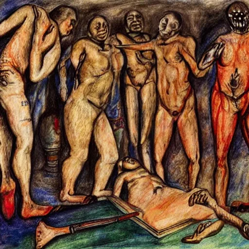 Prompt: by otto dix, by clive barker balmy, peaceful ancient roman. a beautiful drawing of a team of surgeons gathered around a patient on an operating table, with one surgeon in the process of cutting into the patient's chest. the drawing is full of intense colors & brushstrokes, conveying the urgency & intensity of the surgery.