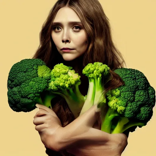 Image similar to anthropomorphic broccoli with [ an elizabeth olsen face ]!!, trending on artstation, 4 k quality, intricate