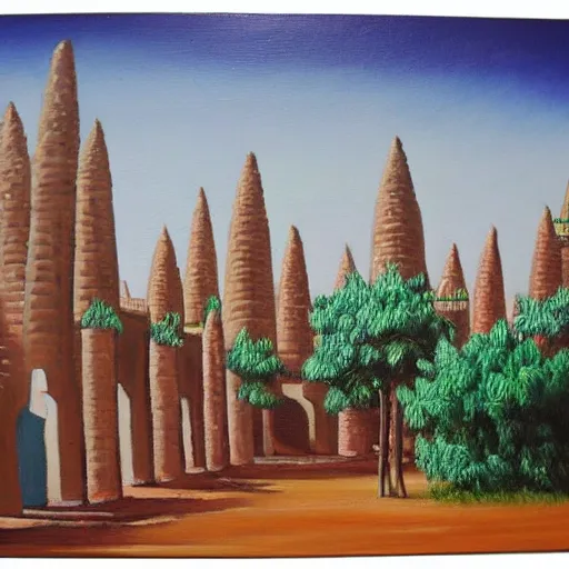 Prompt: Fantasy city with Timbuktu architecture. Landscape. Oil painting.