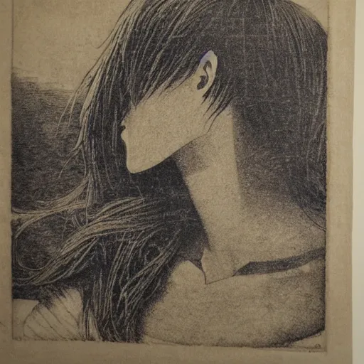 Image similar to Makise kurisu, engraving, old book, etching