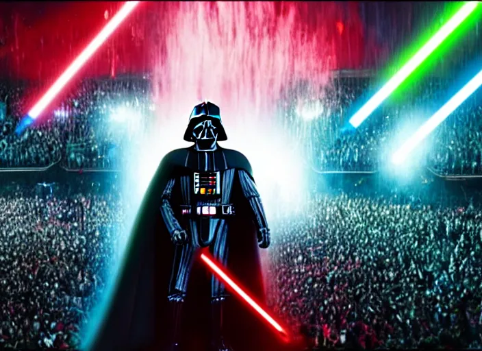 Prompt: film still of Darth Vader goes to a rave in the new Star Wars movie, 4k