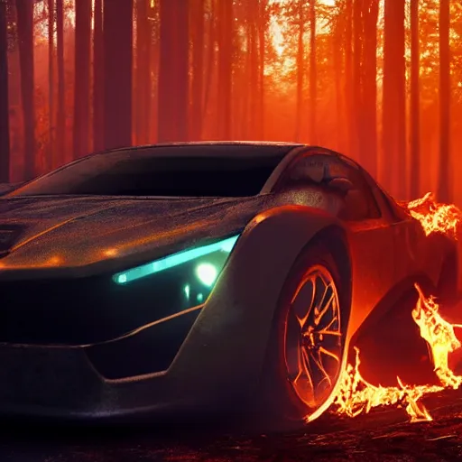 Image similar to cyberpunk car on fire in the middle of the woods at night fire fiery sci fi advance