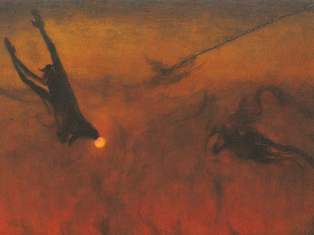 Image similar to painting by mikalojus konstantinas ciurlionis. devil jumping from roof to roof. sunset.