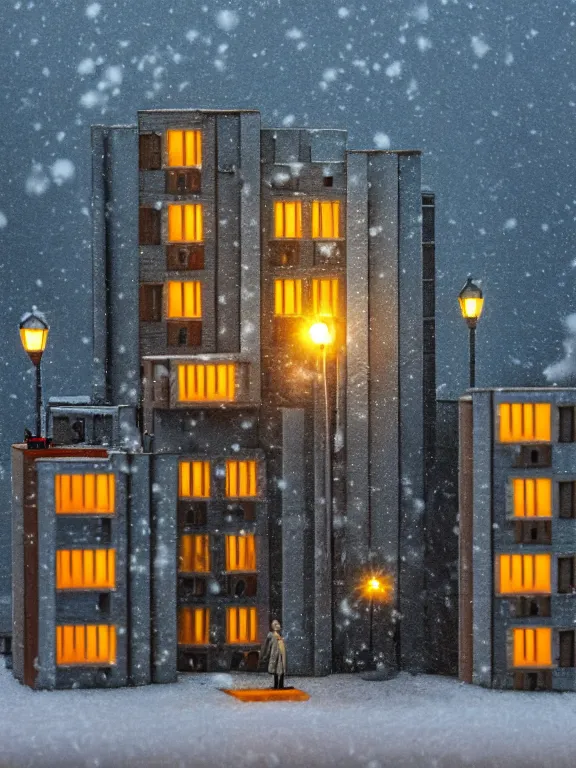 Image similar to mega detailed miniature diorama a soviet residential building, brutalism architecture, warm lights are on in the windows, man lies in the snow, dark night, fog, winter, blizzard, cozy and peaceful atmosphere, row of street lamps with warm orange light, several birches nearby