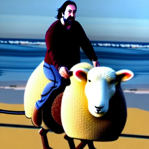 Image similar to morbidly obese keanu reeves riding a texel sheep, photo, detailed, 4 k