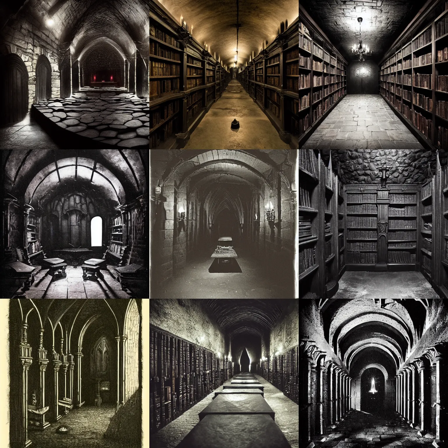 Prompt: dark crypt room with bookshelves filled with dark colored tomes and dark table with runes, dark stone walls and pillars, dark stone walls, gloomy, midnight, vantablack, ambrotype, cyanotype, dark academia, gothic art, style of Blade Runner 2049, calotype, daguerreotype, style of Game of Thrones, gothic, style of Lord of the Rings, style of Nosferatu, polaroid, style of Stranger Things, tintype