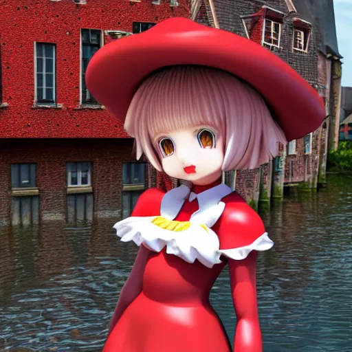 Image similar to Manga cover portrait of an extremely cute and adorable beautiful Flandre Scarlet posing for the camera in Bruges, 3d render diorama by Hayao Miyazaki, official Studio Ghibli still, color graflex macro photograph, Pixiv, DAZ Studio 3D