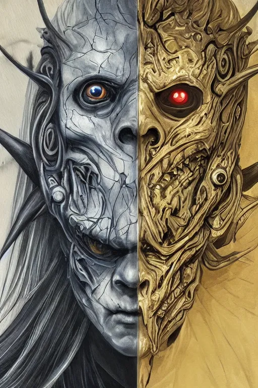 Prompt: Elden Ring and Star Wars themed painting of majestic crimson biomechanical satanic infernal demon human hybrid beautiful undead angel symmetrical angry mask closeup face angry mask closeup tattoo pattern golden ratio concept, Neo-Gothic concept, infinity glyph waves, intricate artwork masterpiece, very coherent artwork, cinematic, full frontal facial features by Artgerm, art by H.R. Giger, Takato Yamamoto, Zdizslaw Beksinski, Johnatan Wayshak, Moebius, Ayami Kojima, very anatomically coherent artwork, trending on cgsociety, ultra high quality model, production quality cinema model, high detail chromatic ink outline, octane render, unreal engine 8k, hyper realism, high detail, octane render, unreal engine, 8k, High contrast