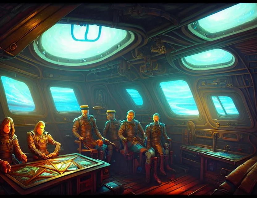 Prompt: interior view in the captain's cabin of a flying ship, d & d spelljammer fantasy art, artstation contest winner, beautiful digital painting in the style of dan mumford, art by kev chan, volumetric lighting, concept art, speedpainting, fantasypunk, deep colors, cgsociety, by gerald brom, by ruan jia, dehazed