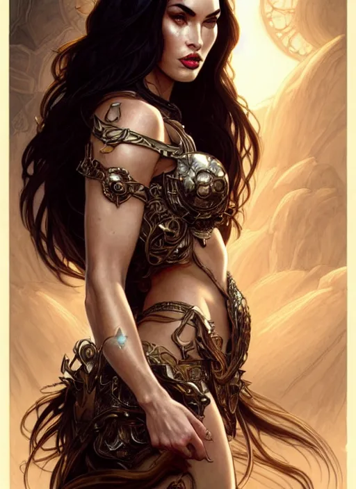 Image similar to megan fox as the goddess of chaos!! intricate elegant, highly detailed, digital painting, artstation, concept art, smooth, sharp focus, illustration, art by ( ( ( artgerm ) ) ) and greg rutkowski! and ( ( alphonse mucha ) )