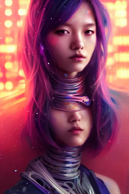 Image similar to portrait futuristic wizard Girl with thunder and fire sparkles and starlight, n future cyberpunk tokyo rooftop , ssci-fi, fantasy, intricate, very very beautiful, elegant, human anatomy, human structure, neon light, highly detailed, digital painting, artstation, concept art, smooth, sharp focus, illustration, art by tian zi and WLOP and alphonse mucha