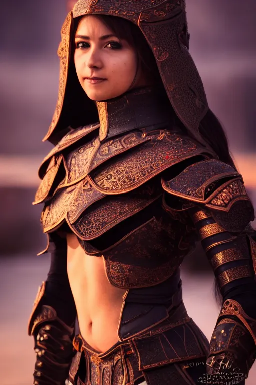 Image similar to a beautiful female guardian from neverwinter shyly posing on camera, symmetrical, cinematic, elegant, dawn light, real dlsr photography, sharp focus, 4 k, ultra hd, sense of awe