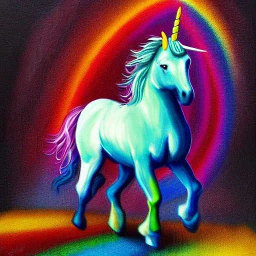 Image similar to a cinematic image of an unicorn walking on a rainbow low saturation Matt painting