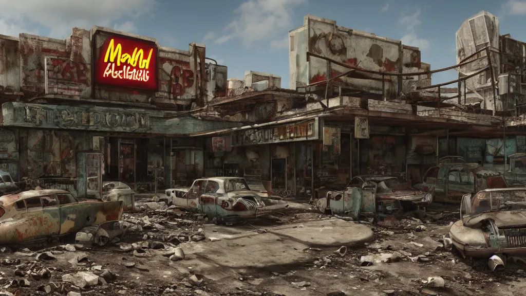 Image similar to post apocalyptic McDonald's, fallout, wasteland, octane render, 4k